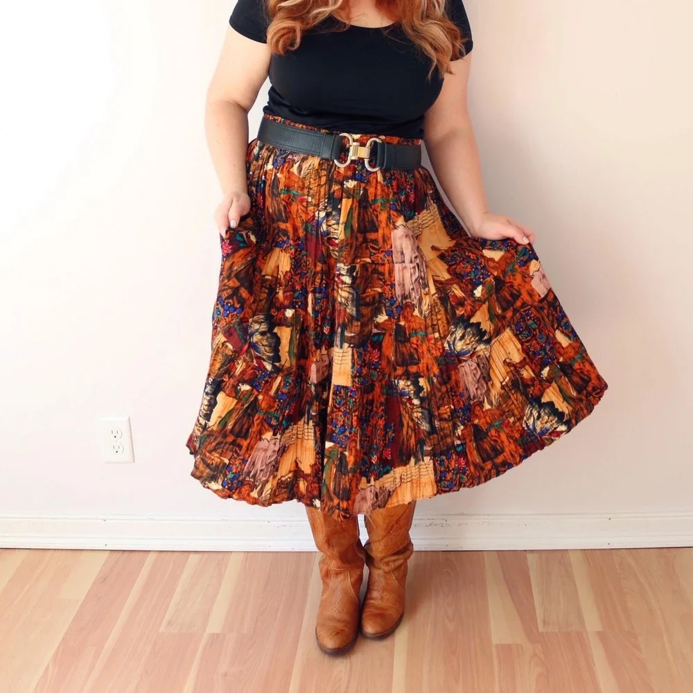 Vintage Western Novelty Print Broomstick Skirt Brown Multi Tiered Pleated Midi - Picture 1 of 9
